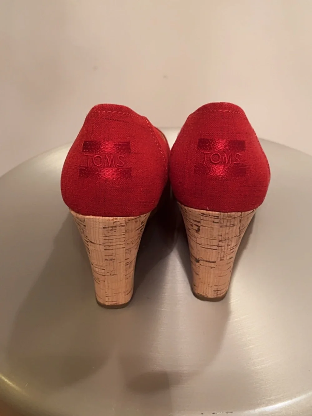 TOMS Red Peep Toe Cork Wedge Heels Women’s Size 7